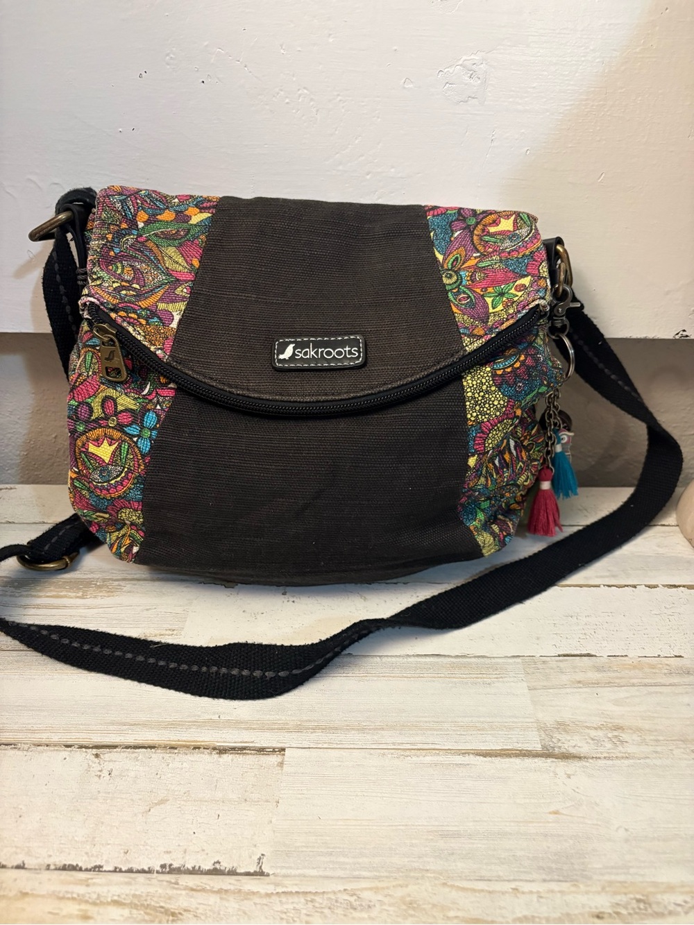Sakroots Brown Canvas Crossbody with Multicolor Paisley Accents